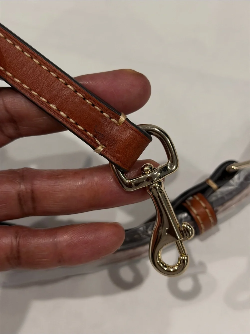Adjustable Brown Leather Messenger Bag Strap with Light Gold Hardware